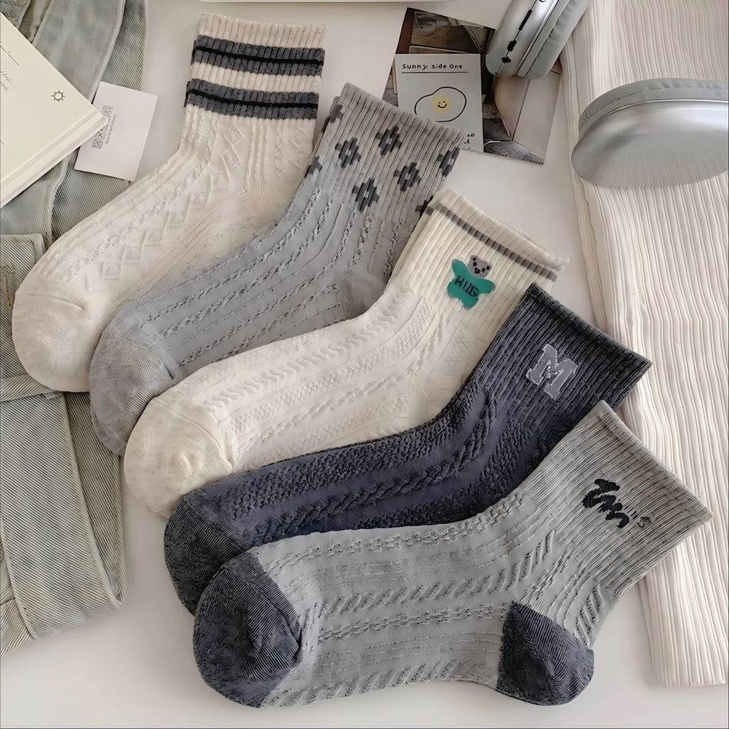 Retro Preppy Cable Knit Cotton Crew Socks (Set of 5)