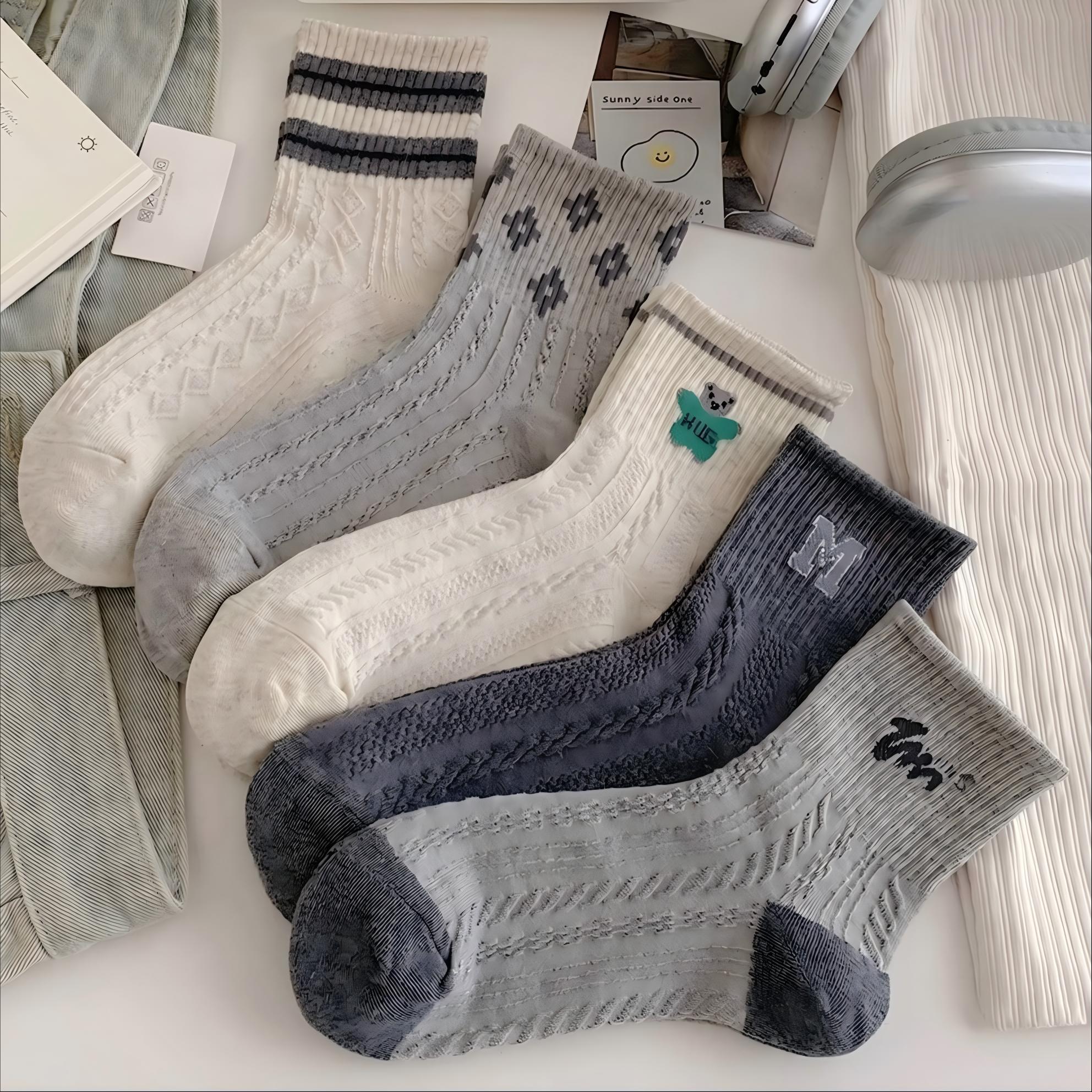 Retro Preppy Cable Knit Cotton Crew Socks (Set of 5)