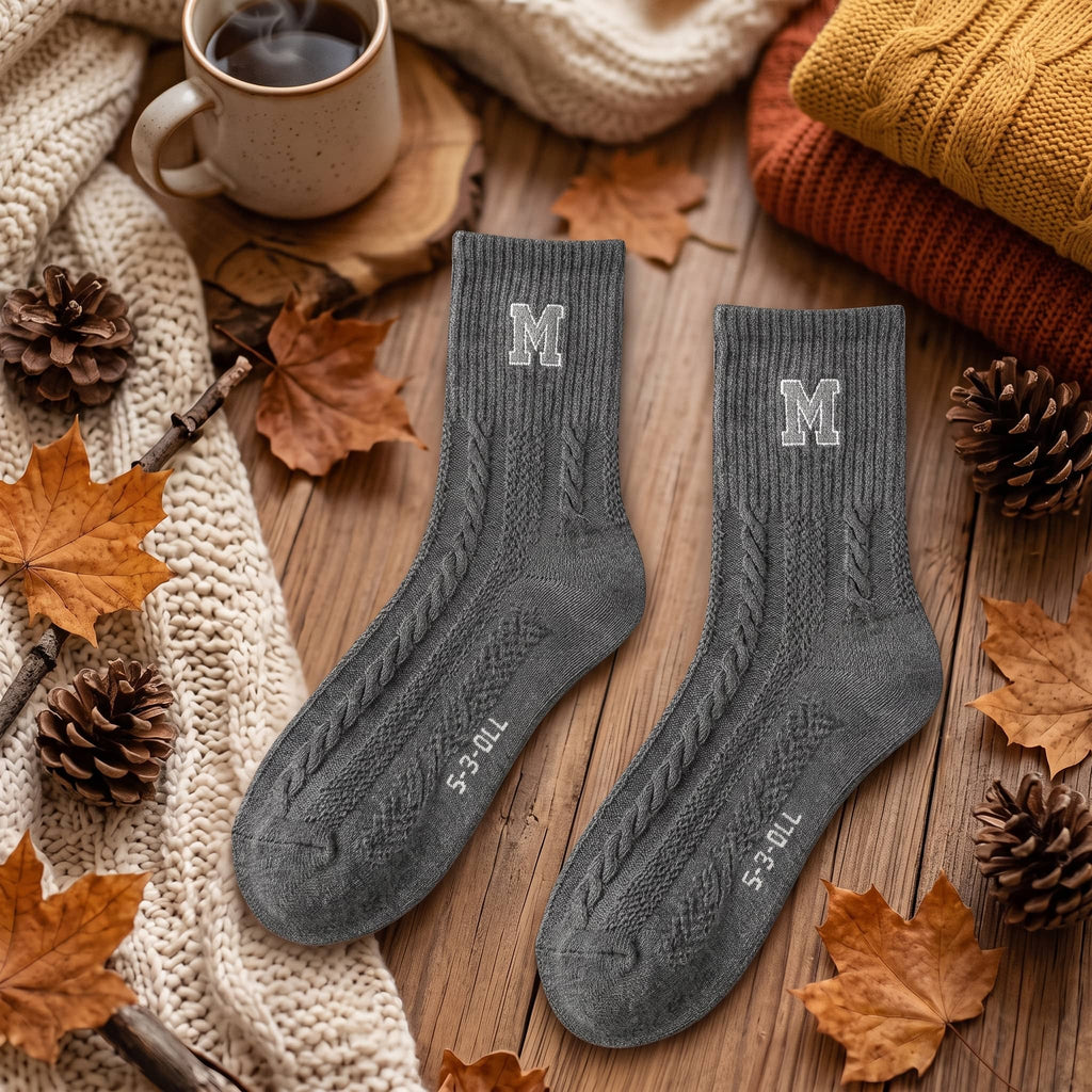Retro Preppy Cable Knit Cotton Crew Socks (Set of 5)