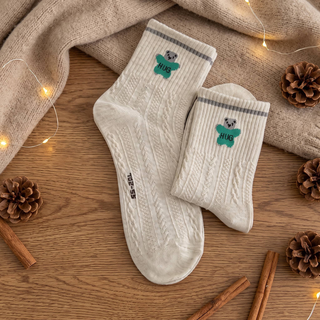 Retro Preppy Cable Knit Cotton Crew Socks (Set of 5)