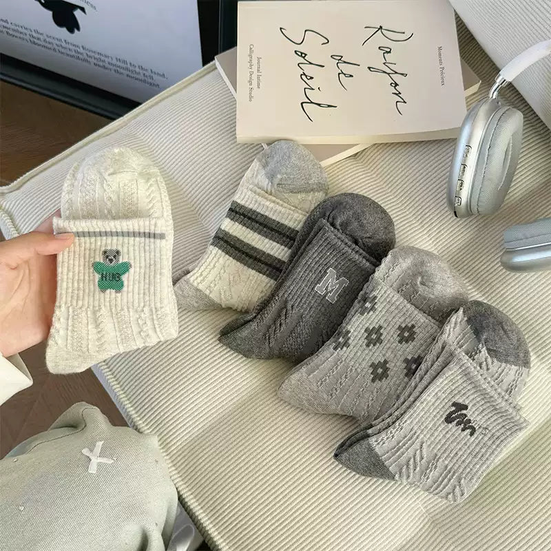 Retro Preppy Cable Knit Cotton Crew Socks (Set of 5)