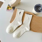 Vintage Tulip Embroidery Scallop Trim Crew Socks