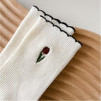 Vintage Tulip Embroidery Scallop Trim Crew Socks