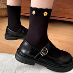 Dainty Felt Blossom Ruffle Ribbed Cotton Crew Socks