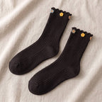 Dainty Felt Blossom Ruffle Ribbed Cotton Crew Socks