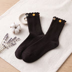 Dainty Felt Blossom Ruffle Ribbed Cotton Crew Socks
