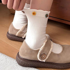 Dainty Felt Blossom Ruffle Ribbed Cotton Crew Socks