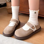 Dainty Felt Blossom Ruffle Ribbed Cotton Crew Socks