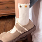 Dainty Felt Blossom Ruffle Ribbed Cotton Crew Socks