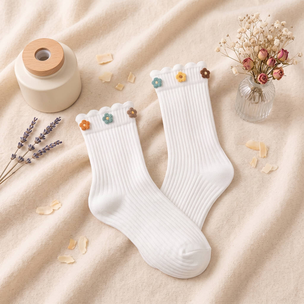 Dainty Felt Blossom Ruffle Ribbed Cotton Crew Socks