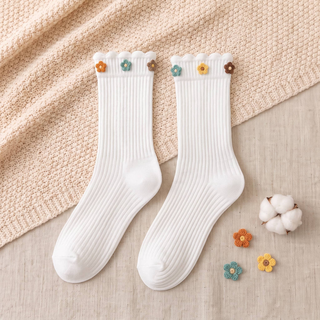 Dainty Felt Blossom Ruffle Ribbed Cotton Crew Socks