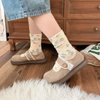 Vintage Embossed Rose Jacquard Combed Cotton Crew Socks