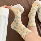 Vintage Embossed Rose Jacquard Combed Cotton Crew Socks
