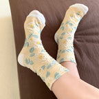 Vintage Embossed Rose Jacquard Combed Cotton Crew Socks