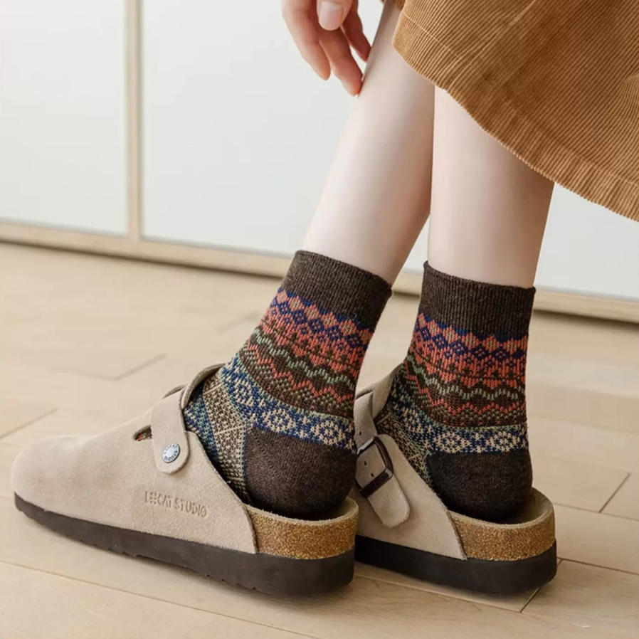 Vintage Fair Isle Geometric Combed Cotton Crew Socks