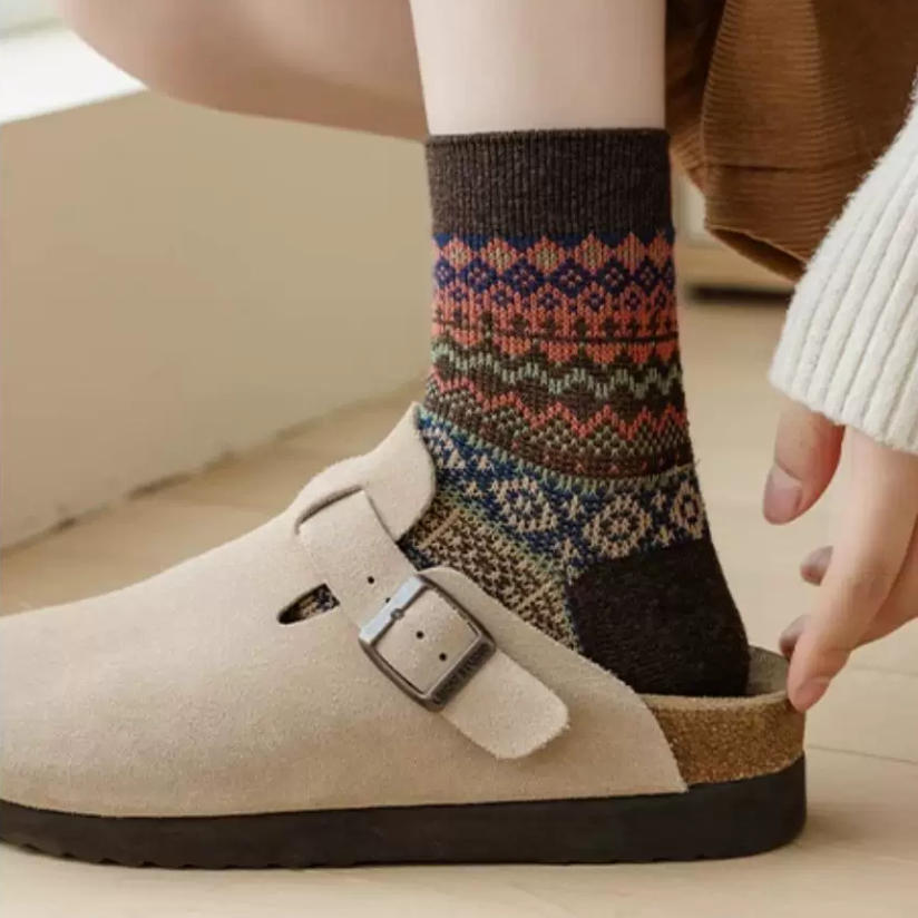 Vintage Fair Isle Geometric Combed Cotton Crew Socks