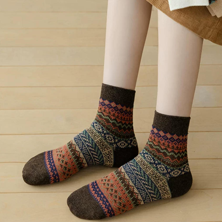 Vintage Fair Isle Geometric Combed Cotton Crew Socks