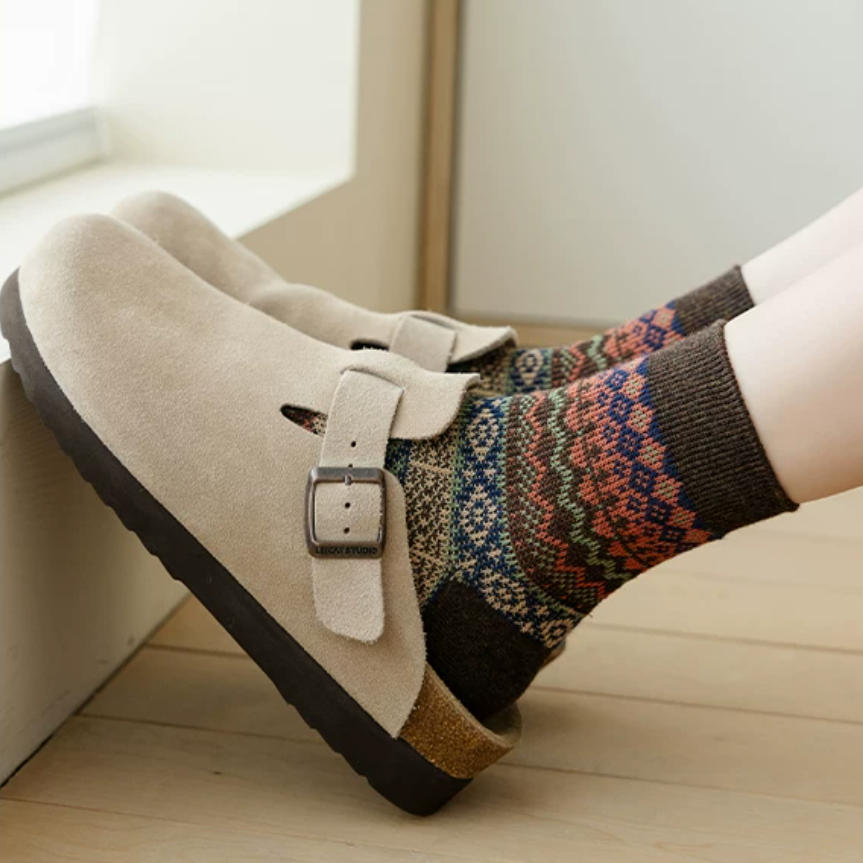 Vintage Fair Isle Geometric Combed Cotton Crew Socks