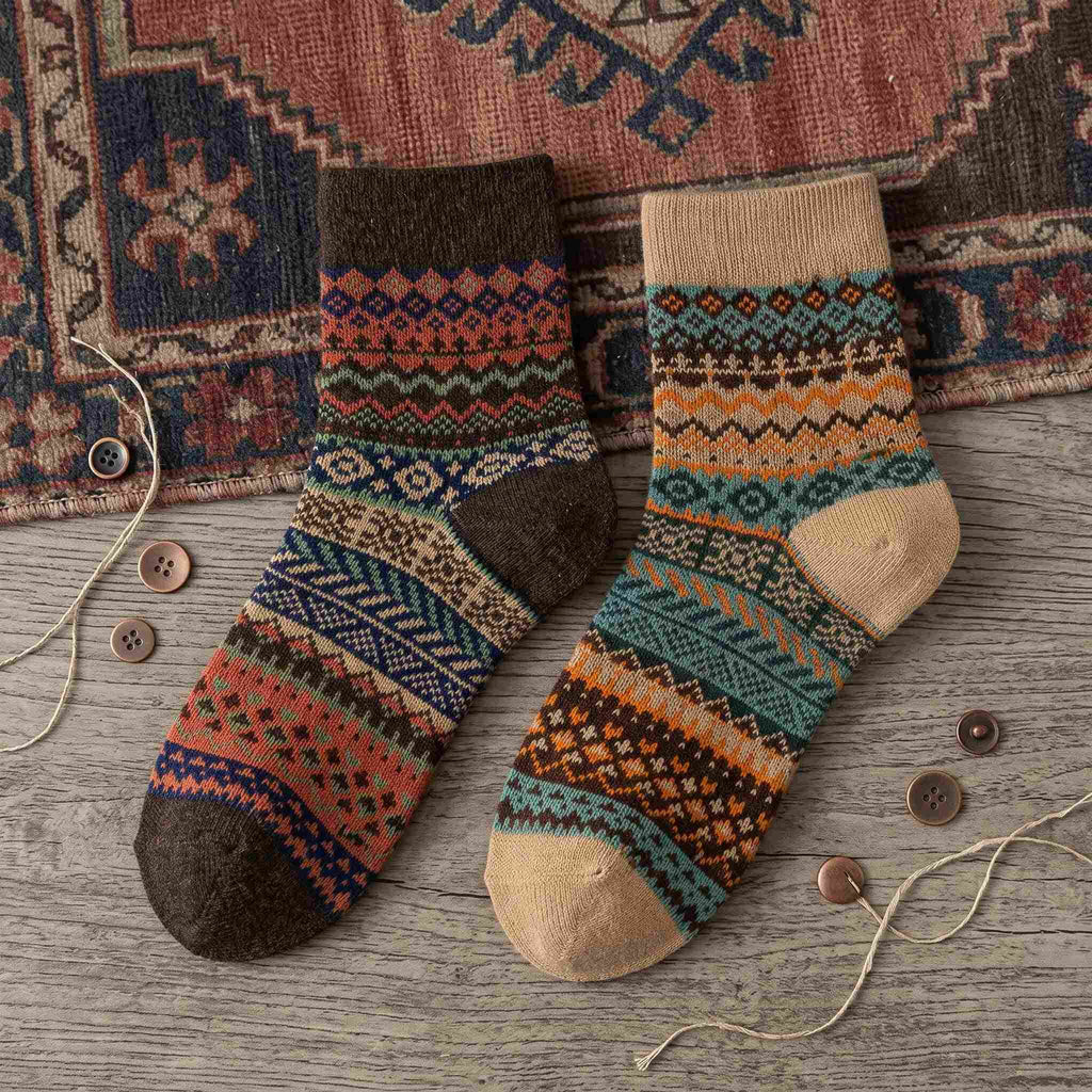 Vintage Fair Isle Geometric Combed Cotton Crew Socks