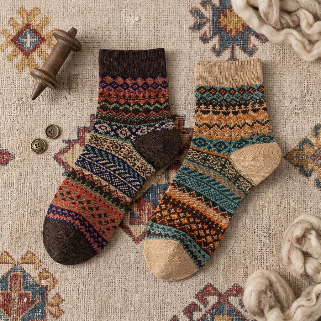 Vintage Fair Isle Geometric Combed Cotton Crew Socks