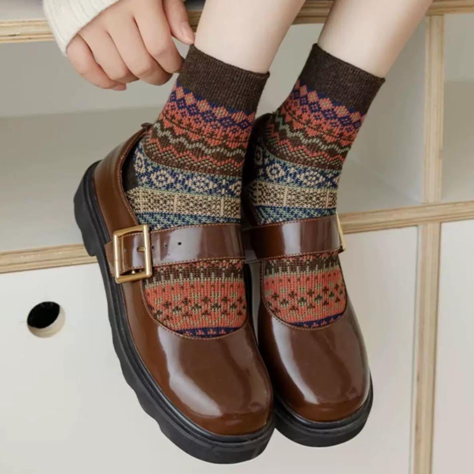 Vintage Fair Isle Geometric Combed Cotton Crew Socks