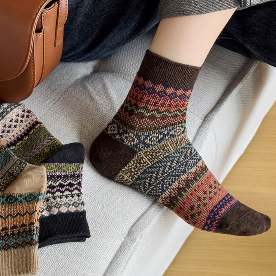 Vintage Fair Isle Geometric Combed Cotton Crew Socks