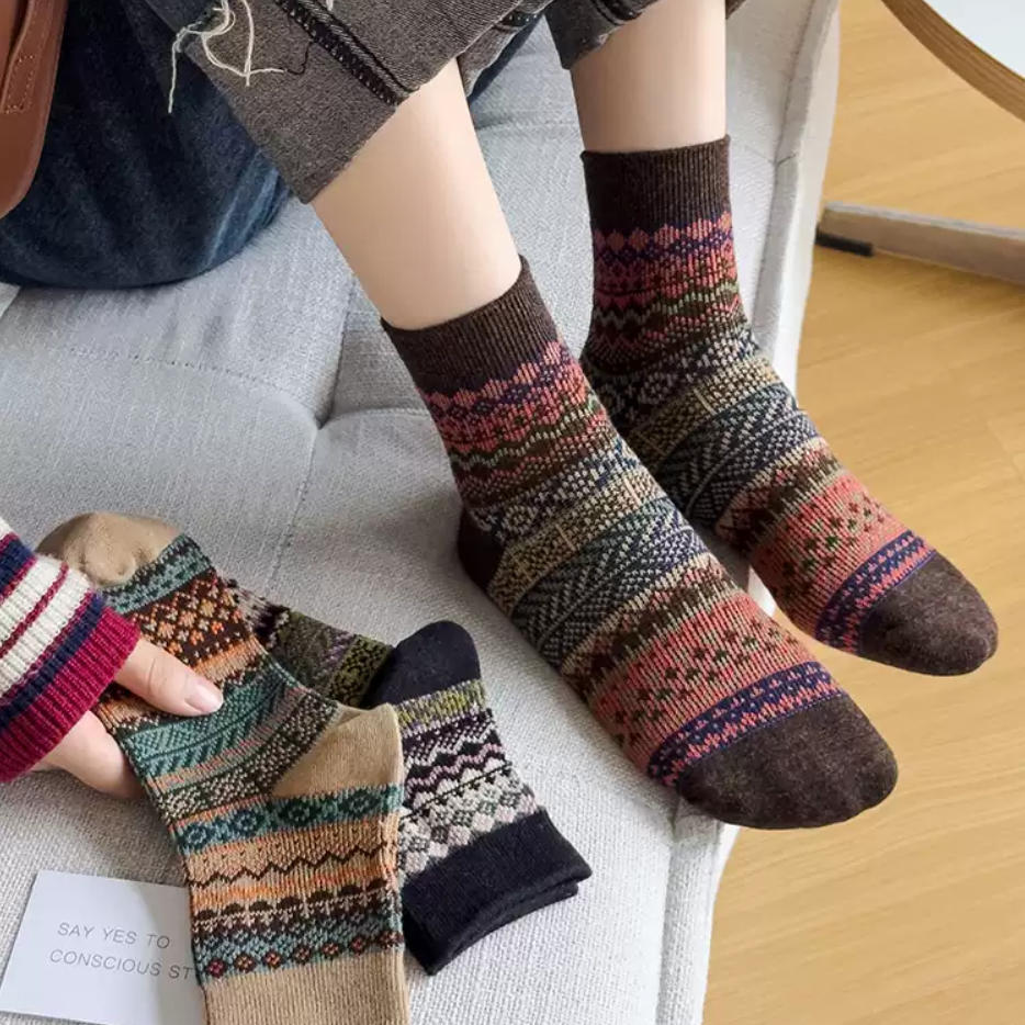Vintage Fair Isle Geometric Combed Cotton Crew Socks