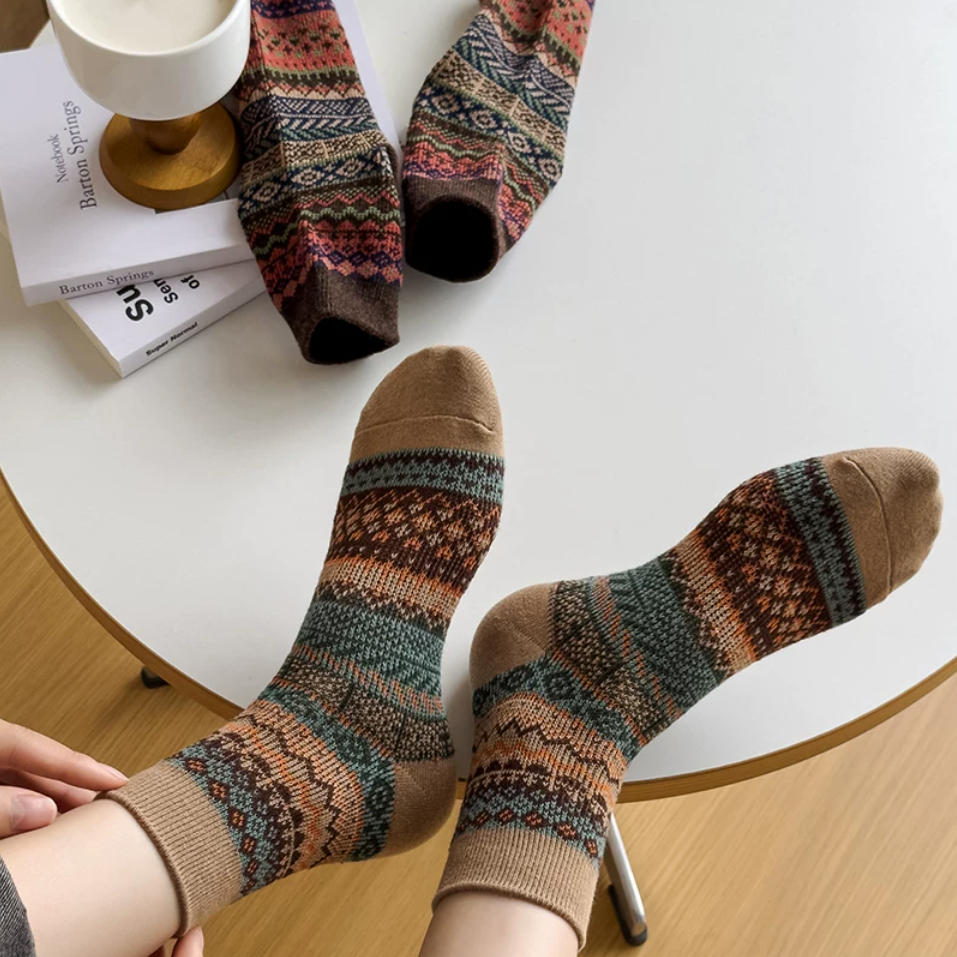 Vintage Fair Isle Geometric Combed Cotton Crew Socks