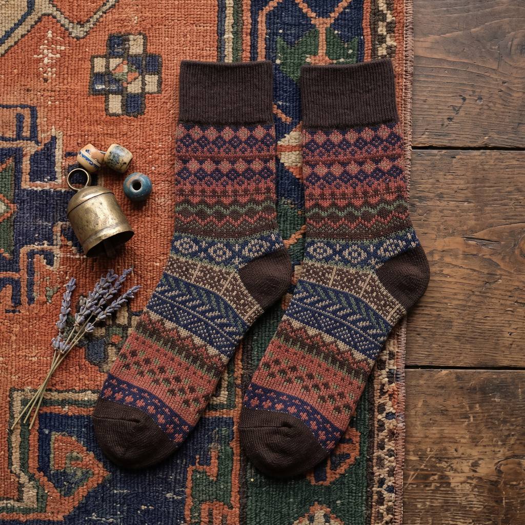 Vintage Fair Isle Geometric Combed Cotton Crew Socks