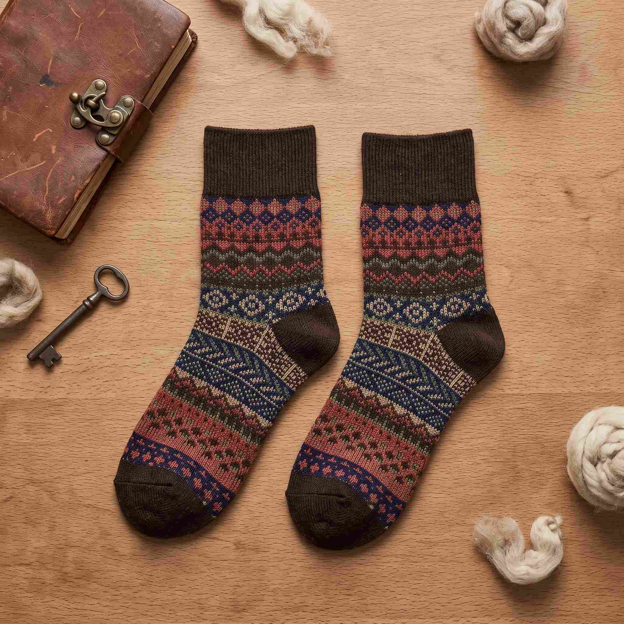 Vintage Fair Isle Geometric Combed Cotton Crew Socks