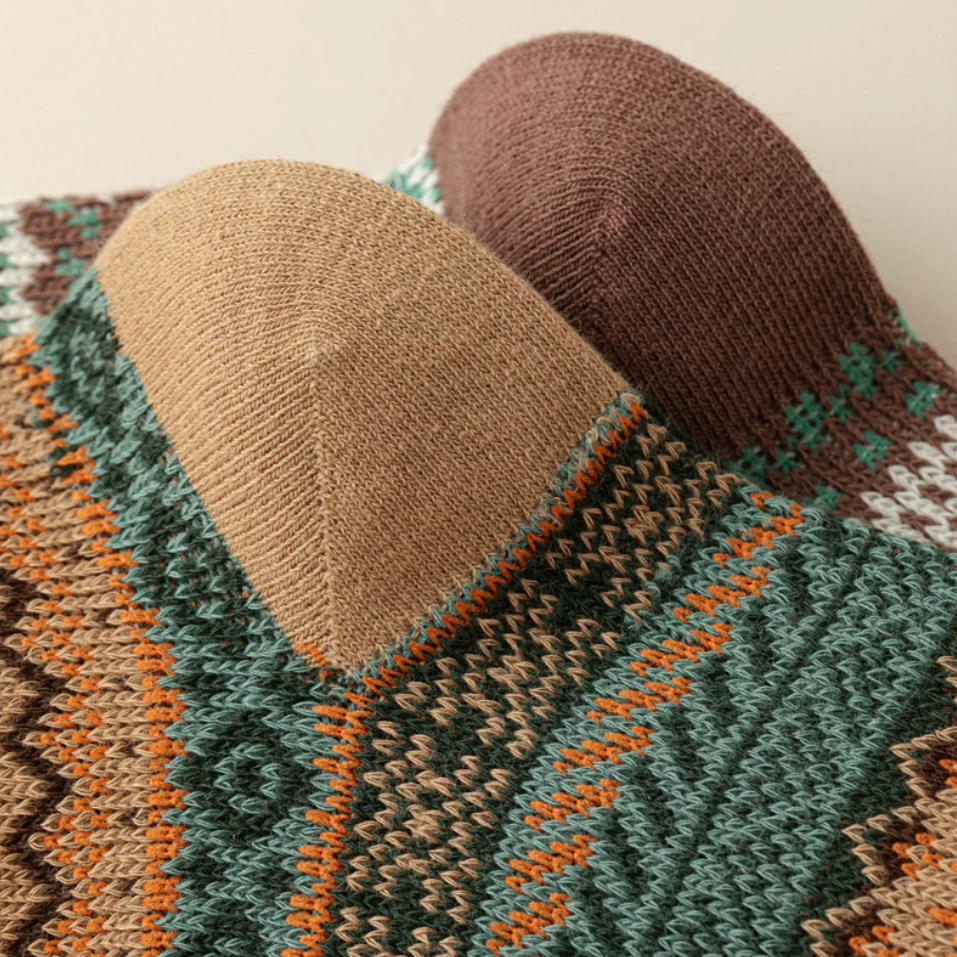 Vintage Fair Isle Geometric Combed Cotton Crew Socks