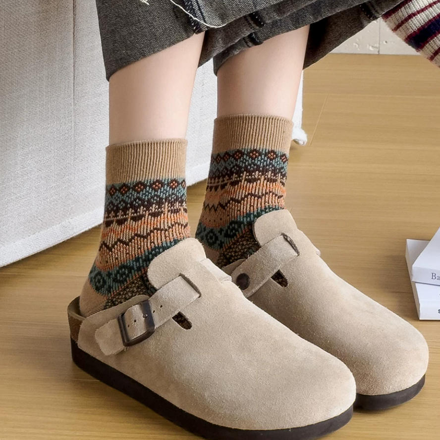 Vintage Fair Isle Geometric Combed Cotton Crew Socks