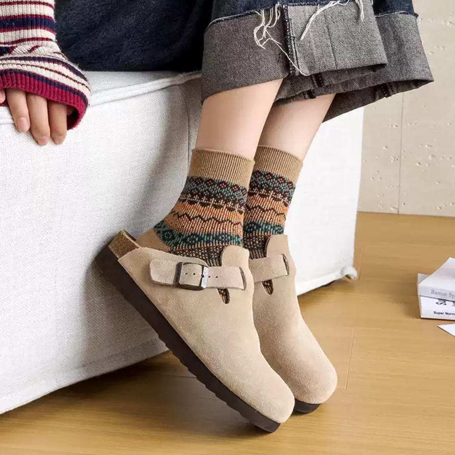 Vintage Fair Isle Geometric Combed Cotton Crew Socks