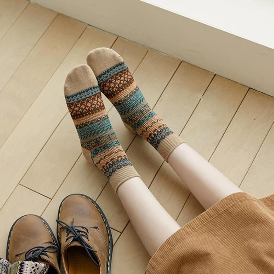 Vintage Fair Isle Geometric Combed Cotton Crew Socks