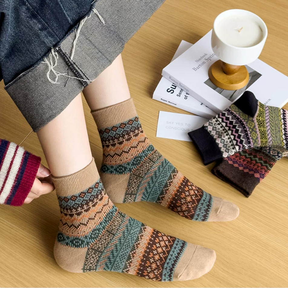 Vintage Fair Isle Geometric Combed Cotton Crew Socks