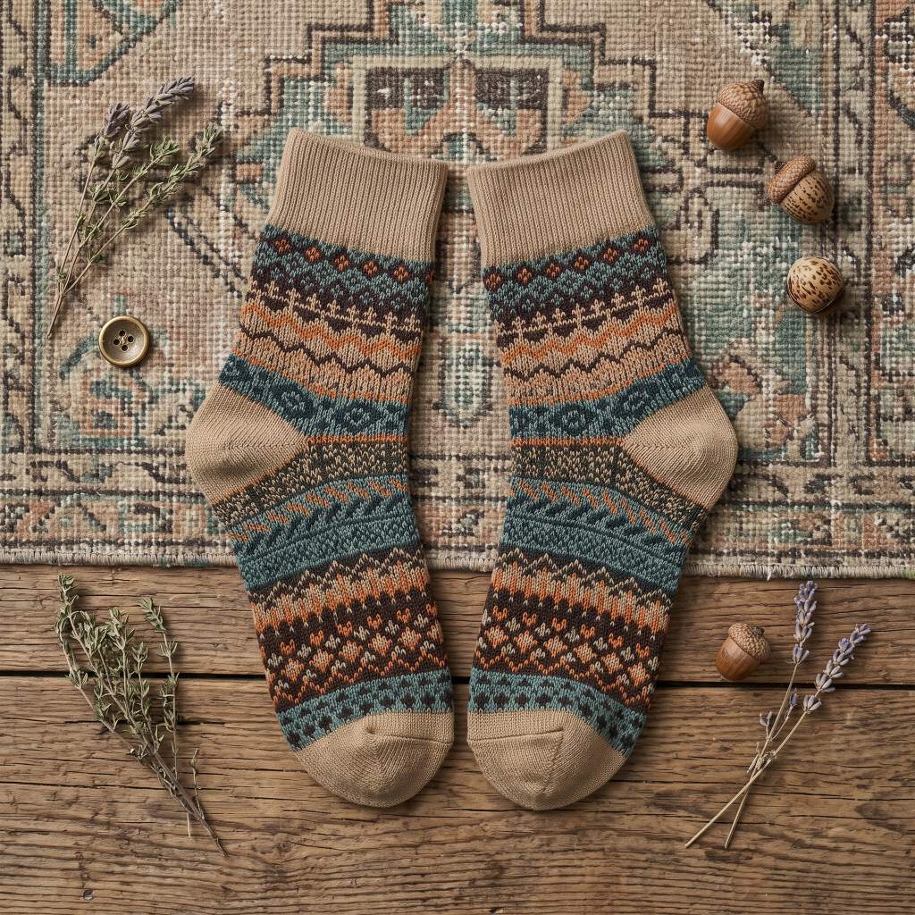 Vintage Fair Isle Geometric Combed Cotton Crew Socks