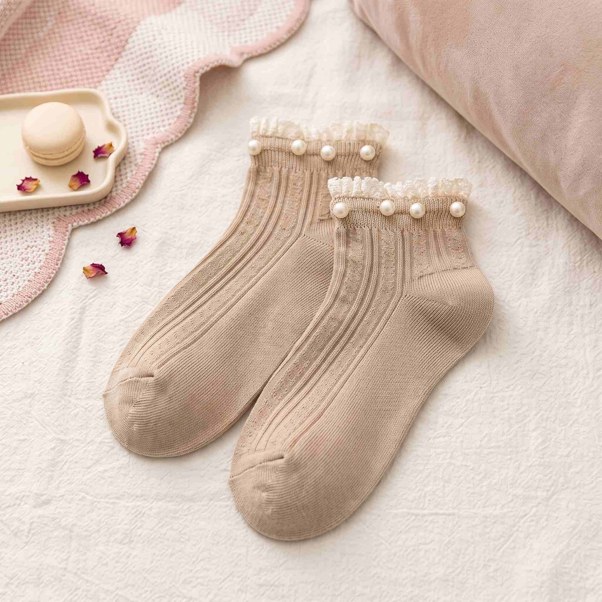 Vintage Pearl Beaded Lace Frill Ankle Socks