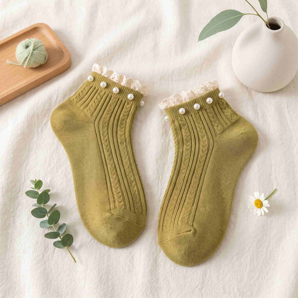 Vintage Pearl Beaded Lace Frill Ankle Socks