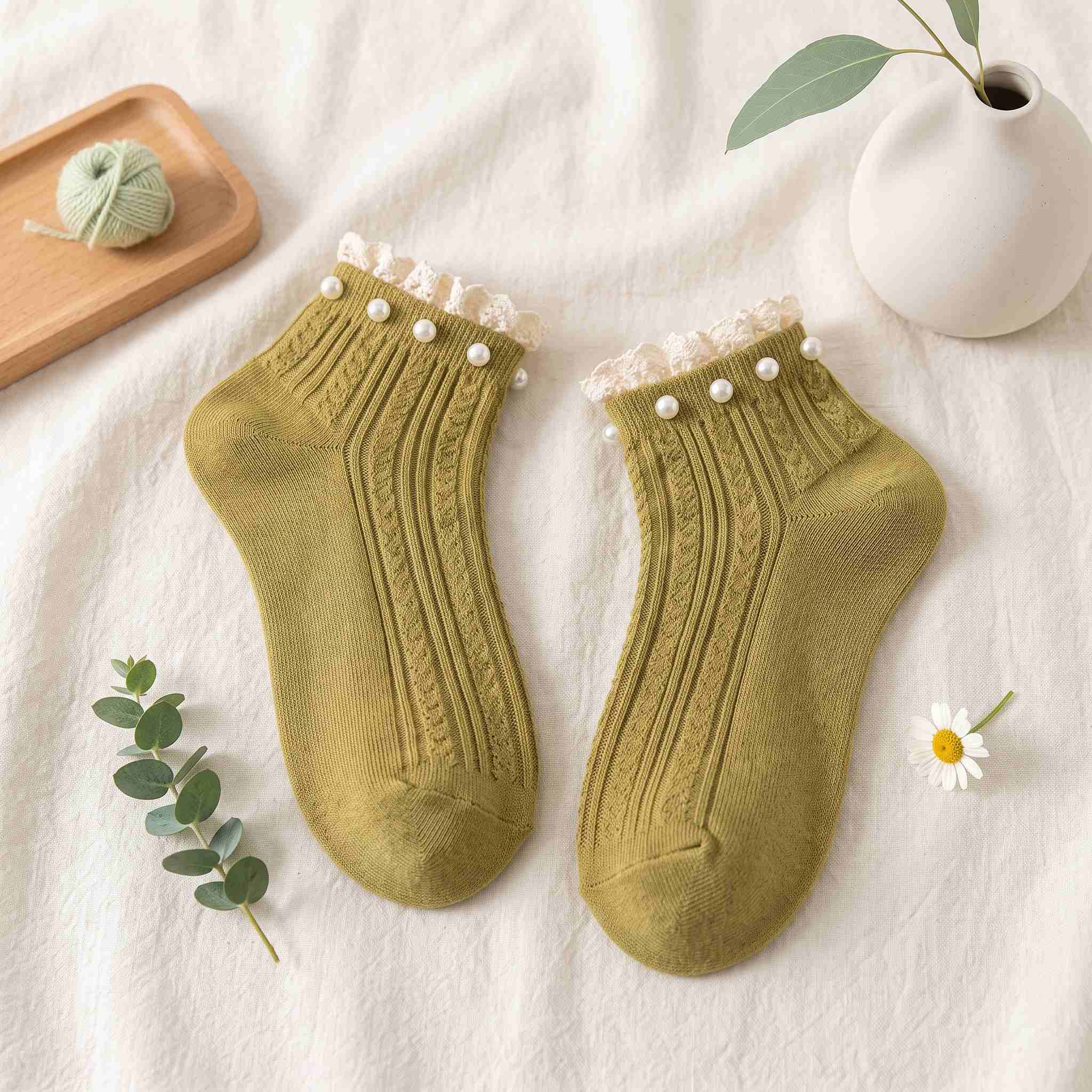 Vintage Pearl Beaded Lace Frill Ankle Socks