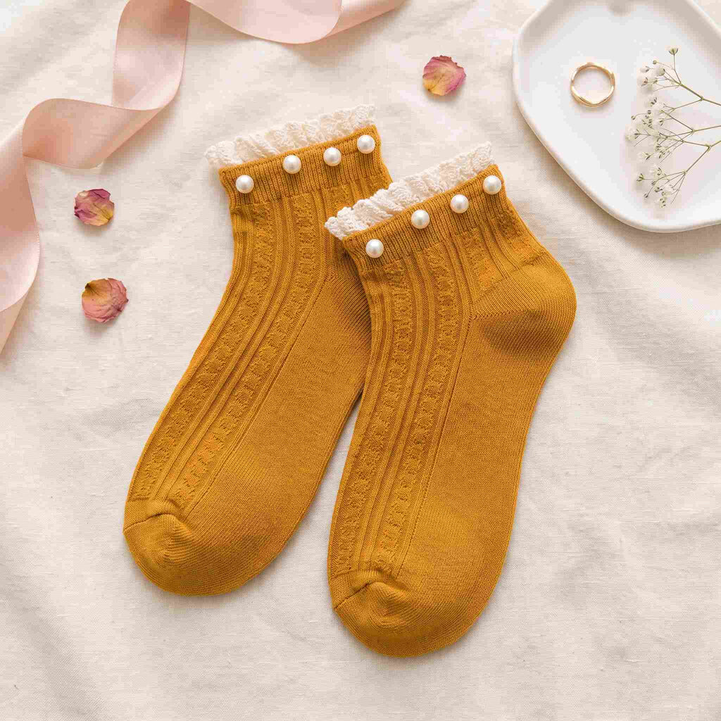 Vintage Pearl Beaded Lace Frill Ankle Socks