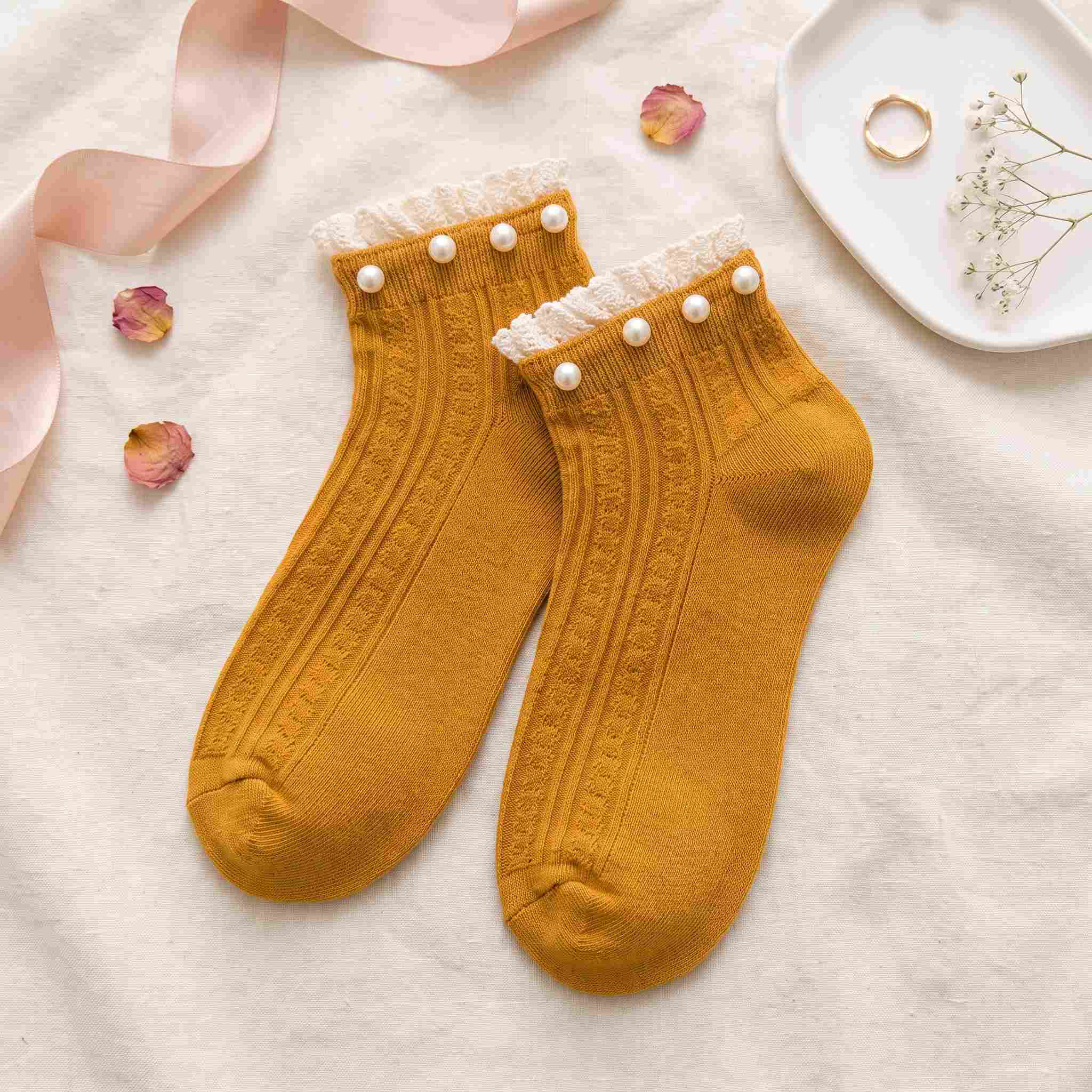 Vintage Pearl Beaded Lace Frill Ankle Socks