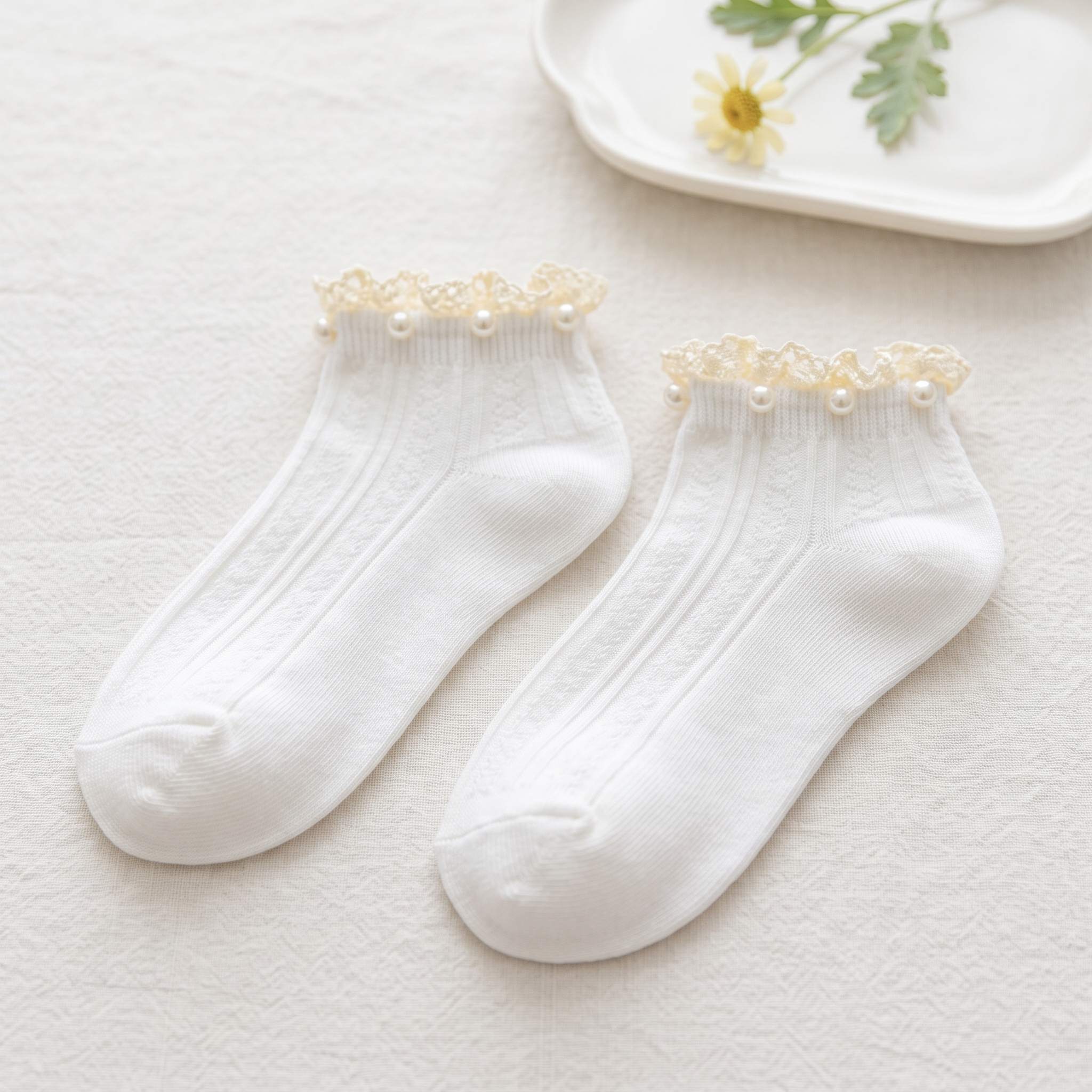 Vintage Pearl Beaded Lace Frill Ankle Socks