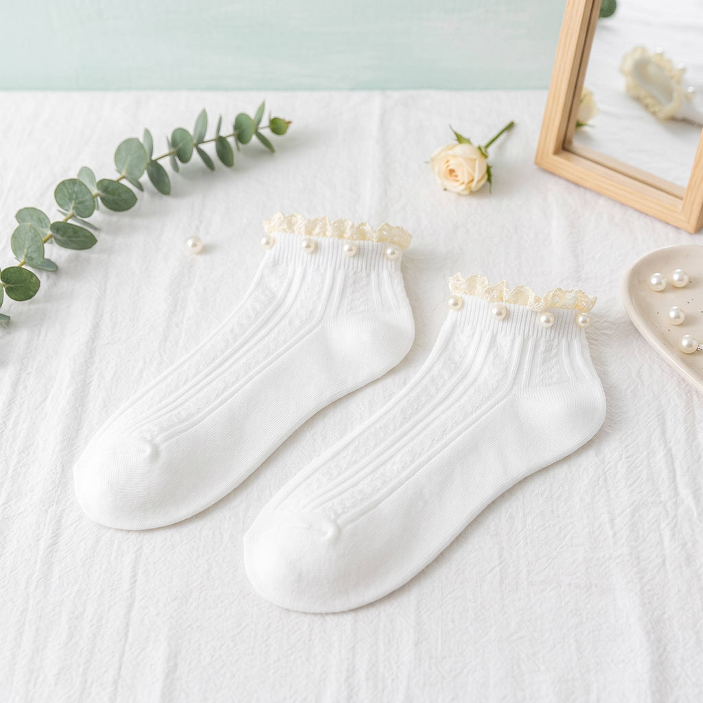 Vintage Pearl Beaded Lace Frill Ankle Socks