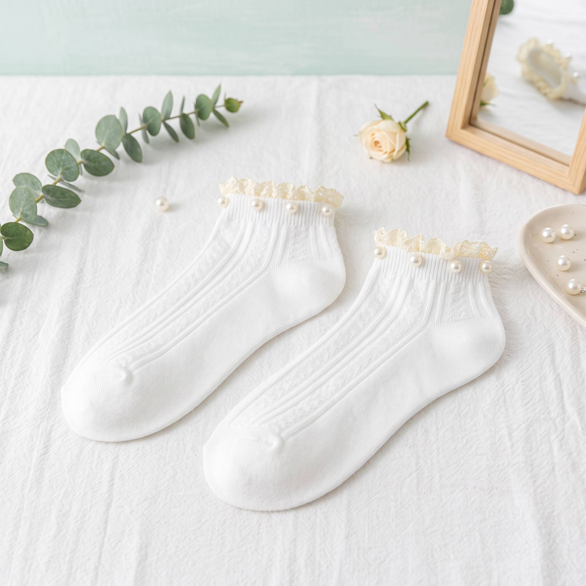 Vintage Pearl Beaded Lace Frill Ankle Socks