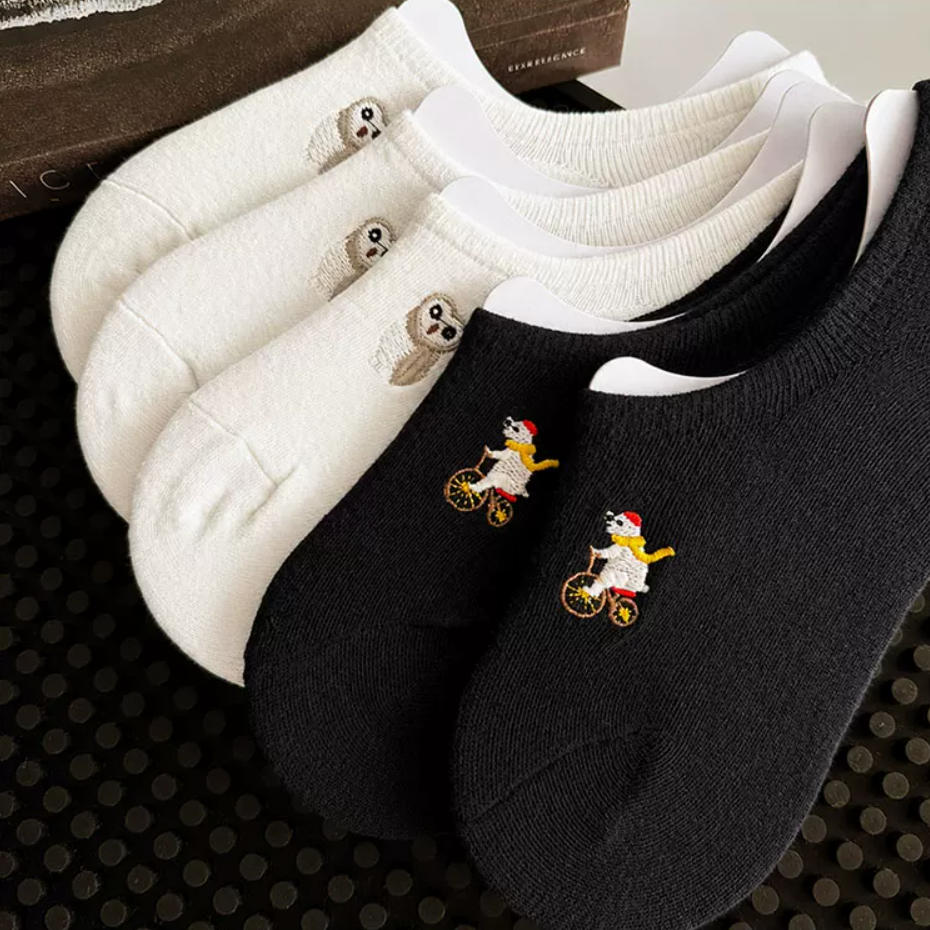 Embroidered Woodland Animal Cotton Low Cut Socks (Set of 6)
