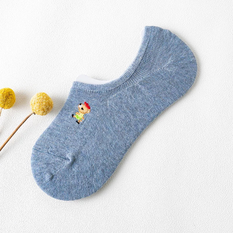 Embroidered Woodland Animal Cotton Low Cut Socks (Set of 6)