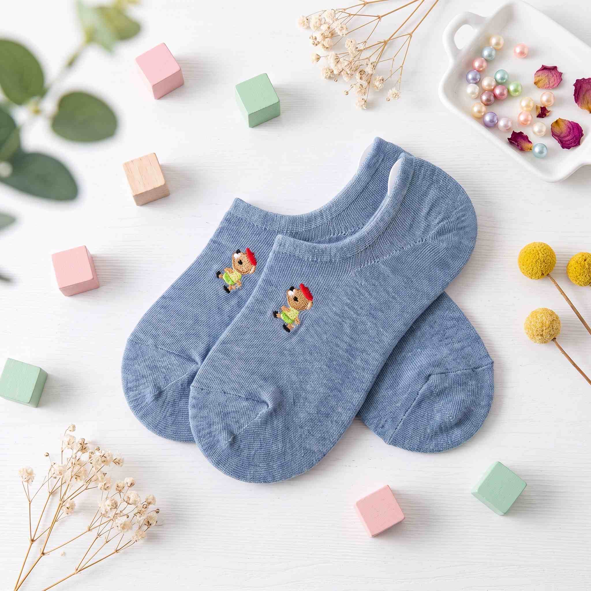 Embroidered Woodland Animal Cotton Low Cut Socks (Set of 6)
