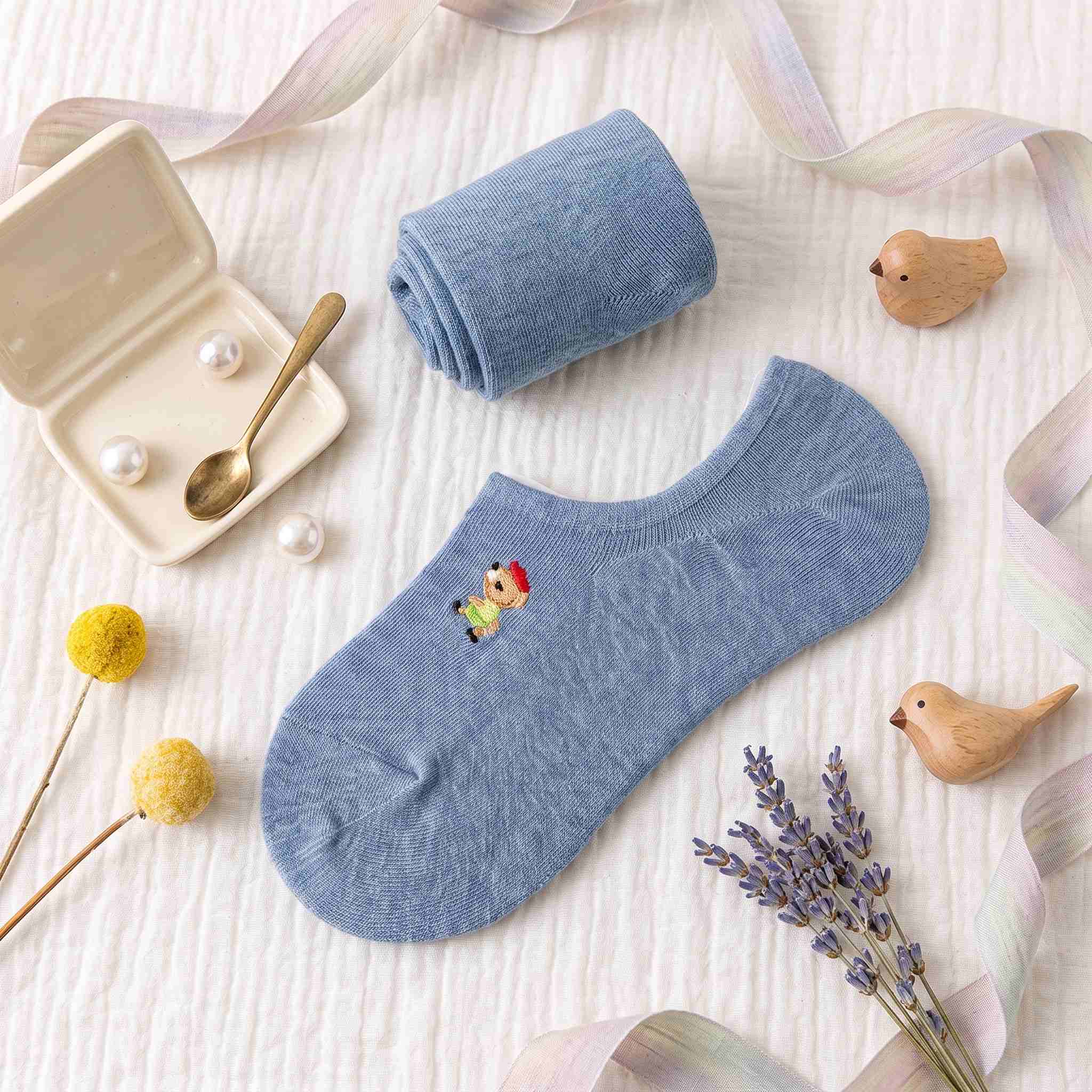 Embroidered Woodland Animal Cotton Low Cut Socks (Set of 6)