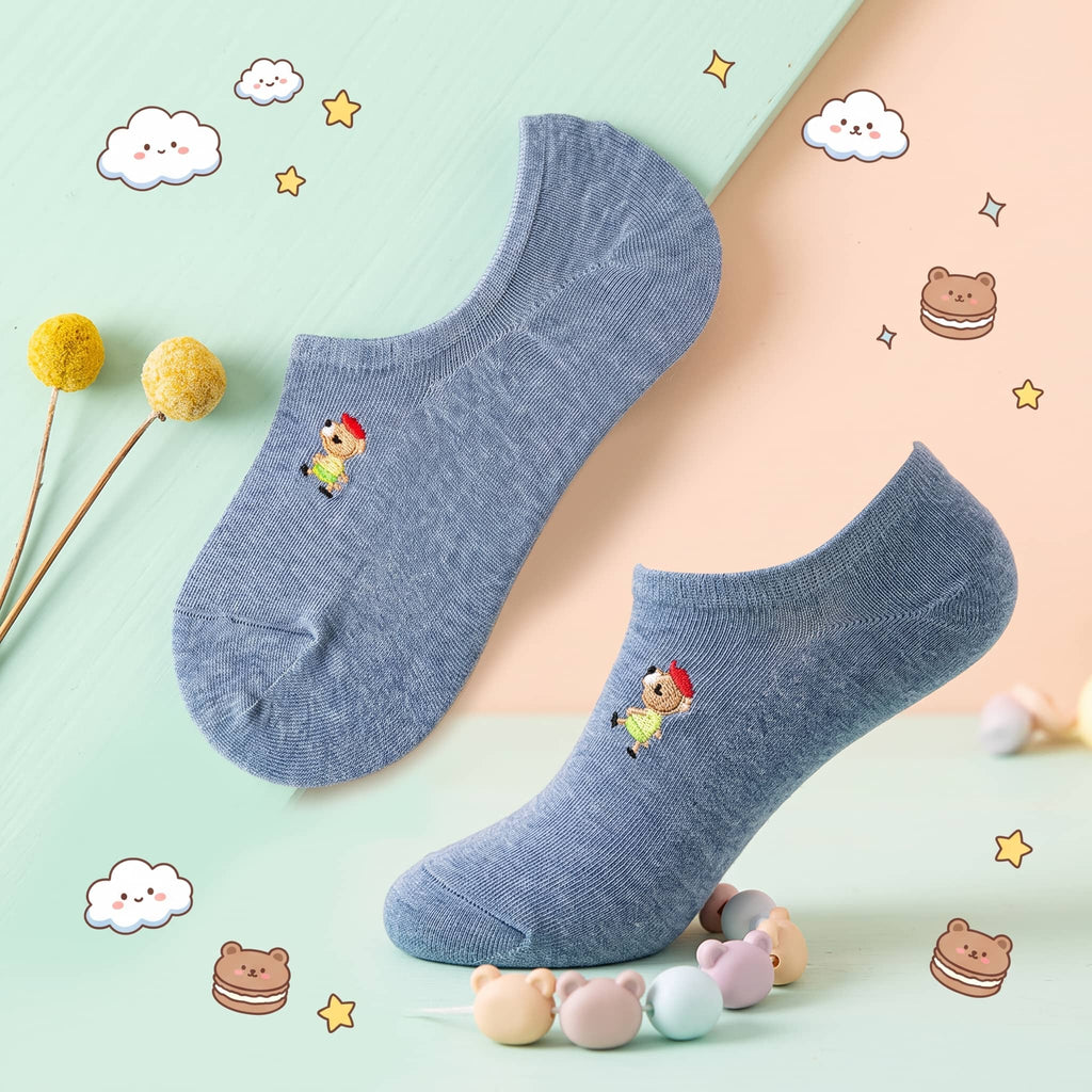 Embroidered Woodland Animal Cotton Low Cut Socks (Set of 6)