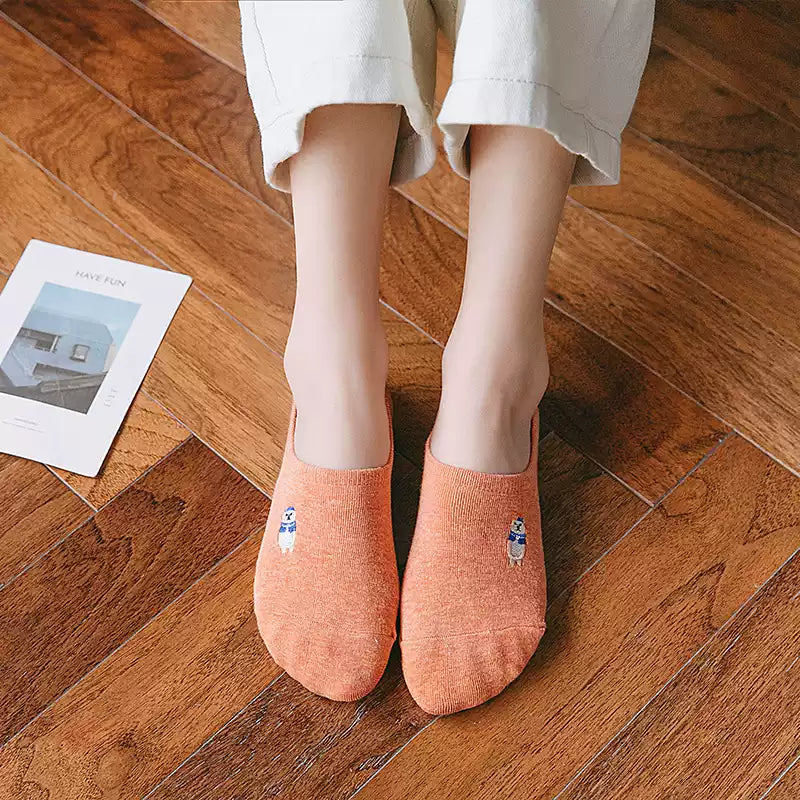 Embroidered Woodland Animal Cotton Low Cut Socks (Set of 6)